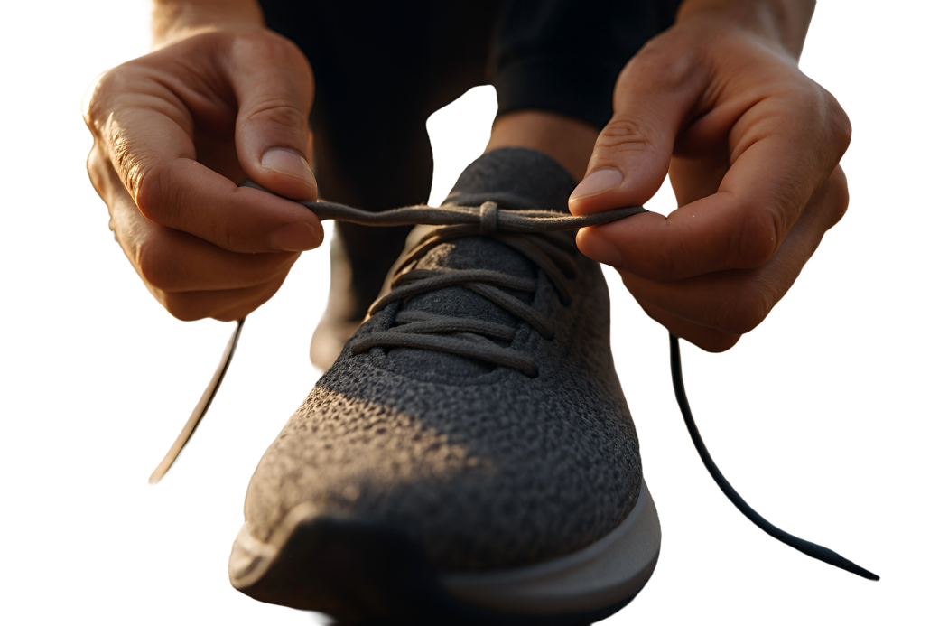 Ein Sportschuh wird geschnürt.