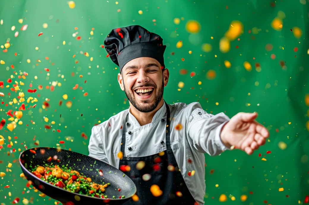 Junger Mann schwenkt freudestrahlend die Gemüsepfanne.