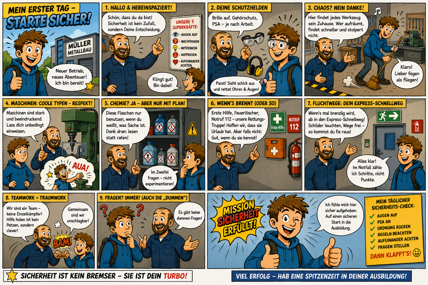 Der Comic zeigt in farbigem Manga-Stil den ersten Arbeitstag einer jungen Auszubildenden in einem Metallbau-Betrieb. Die Hauptfigur ist eine fröhliche junge Frau mit braunen Haaren im Pferdeschwanz, großer Mimik und typischen Manga-Augen. Sie trägt einen dunklen Hoodie und einen Rucksack. Der Comic besteht aus mehreren Panels mit dynamischen Bewegungslinien, kräftigen schwarzen Konturen und humorvollen Sprechblasen. Im ersten Bild steht die Auszubildende vor dem Firmengebäude „Müller Metallbau“ und freut sich auf ihren ersten Arbeitstag. Der Titel lautet „Mein erster Tag – Starte sicher!“. Beim Betriebsrundgang erklärt ihr ein freundlicher Ausbilder mit Bart wichtige Sicherheitsregeln. In einer Szene sagt er: „Sicherheit ist kein Zufall, sondern Deine Entscheidung.“ Neben ihm hängt ein Plakat mit Sicherheitsregeln wie „Augen auf“, „Nachfragen“ und „Aufeinander achten“. Danach zeigt der Comic persönliche Schutzausrüstung. Die Auszubildende trägt eine Schutzbrille und Gehörschutz. Der Ausbilder erklärt, dass je nach Arbeit passende PSA getragen werden muss. Die junge Frau reagiert begeistert und humorvoll. In einem weiteren Panel räumt die Auszubildende die Werkstatt auf. Werkzeuge hängen ordentlich an der Wand. Der Hinweis lautet, dass Ordnung hilft, schneller zu arbeiten und Stolperfallen zu vermeiden. Bewegungslinien und kleine Soundeffekte wie „Swisch!“ sorgen für einen lustigen Manga-Effekt. An einer großen Maschine erklärt der Ausbilder, dass Maschinen zwar beeindruckend sind, man sich aber unbedingt einweisen lassen muss. In einer kleinen humorvollen Gedankenblase sieht man die Auszubildende beim wilden Luftgitarren-Spielen statt an der Maschine zu arbeiten. Ein weiteres Bild zeigt Regale mit Chemikalienflaschen und Gefahrensymbolen. Der Ausbilder erklärt, dass man solche Stoffe nur benutzen darf, wenn man weiß, was man tut. Danach werden Notfall-Einrichtungen gezeigt: ein Erste-Hilfe-Kasten, ein Feuerlöscher und ein Notrufschild mit der Nummer 112. Der Ausbilder erklärt, wo sich die Rettungsmittel befinden. Im nächsten Panel zeigt er einen Fluchtweg mit grünem Rettungsschild. Die Auszubildende sagt scherzhaft: „Im Notfall zähle ich Schritte, nicht Punkte.“ Ein weiteres Bild thematisiert Teamarbeit. Der Ausbilder erklärt, dass Hilfe holen kein Petzen ist. Beide stoßen lachend die Fäuste zusammen, begleitet von einem comicartigen „BÄM!“. Zum Schluss geht es darum, Fragen zu stellen. Die Auszubildende schaut nachdenklich, während der Ausbilder erklärt: „Es gibt keine dummen Fragen!“ Im großen Abschlussbild lächelt die Auszubildende selbstbewusst in die Kamera und zeigt einen Daumen nach oben. Neben ihr steht: „Ich fühle mich hier sicher aufgehoben. Auf einen sicheren Start in die Ausbildung.“ Daneben befindet sich eine humorvolle Sicherheits-Checkliste mit Punkten wie „PSA an“, „Ordnung rocken“ und „Fragen stellen“. Am unteren Rand des Comics steht der Slogan: „Sicherheit ist kein Bremser – sie ist dein Turbo!“