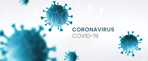 Schematische Abbildung von Viren. In dem Bild finden sich die Worte Coronavirus und Covid-19.